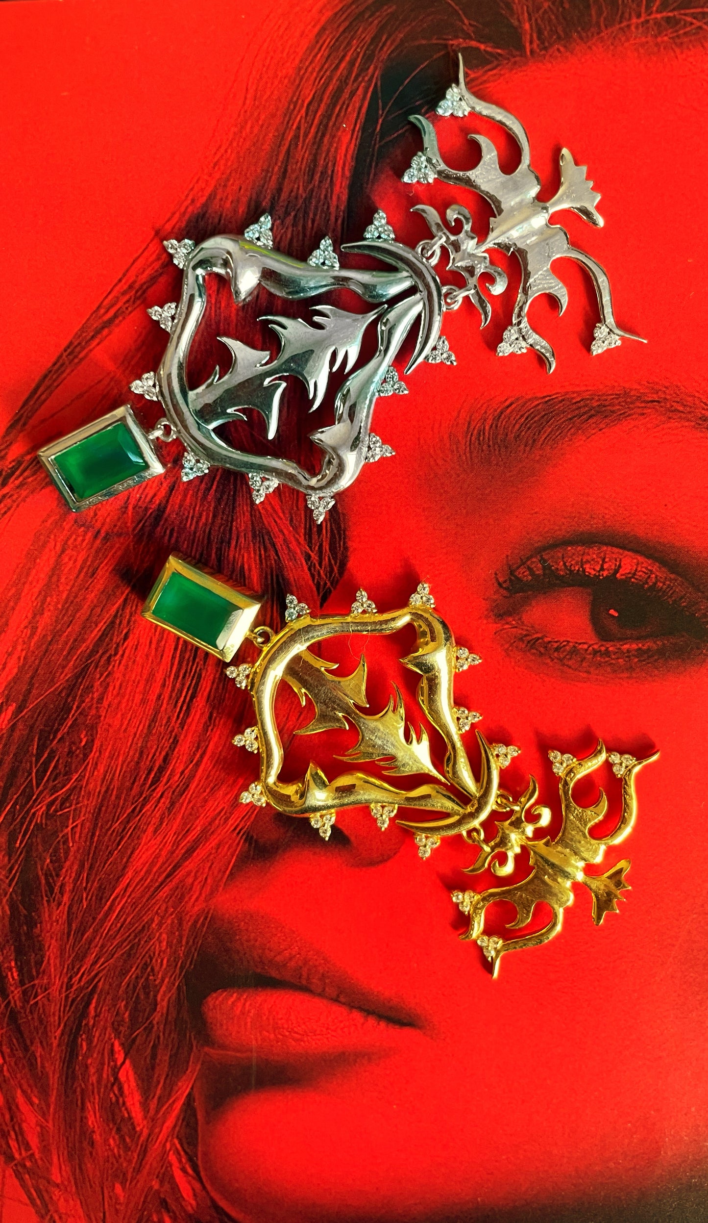 Bold sterling silver statement earrings handcrafted in 925 silver. Plated in gold and rodhium and studded with green onyx semi-precious stone and zircon. the green  onyx stone is in rectangular shape